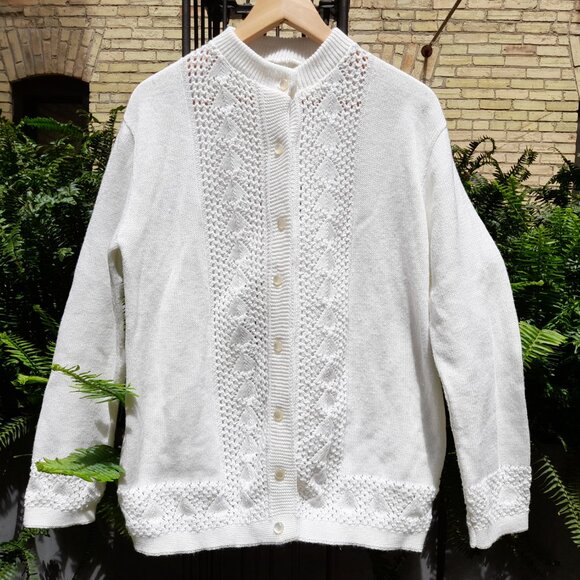 Vintage 60s Cardigan Sweater White Large 43" Bust Moonglow Buttons - Picture 2 of 12